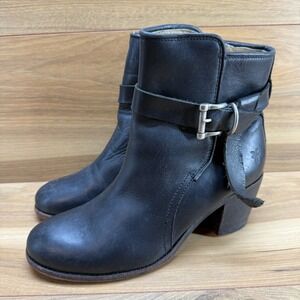 FRYE Malorie Knot Buckle Booties Womens 7.5 Black Leather Zipper Block Heel